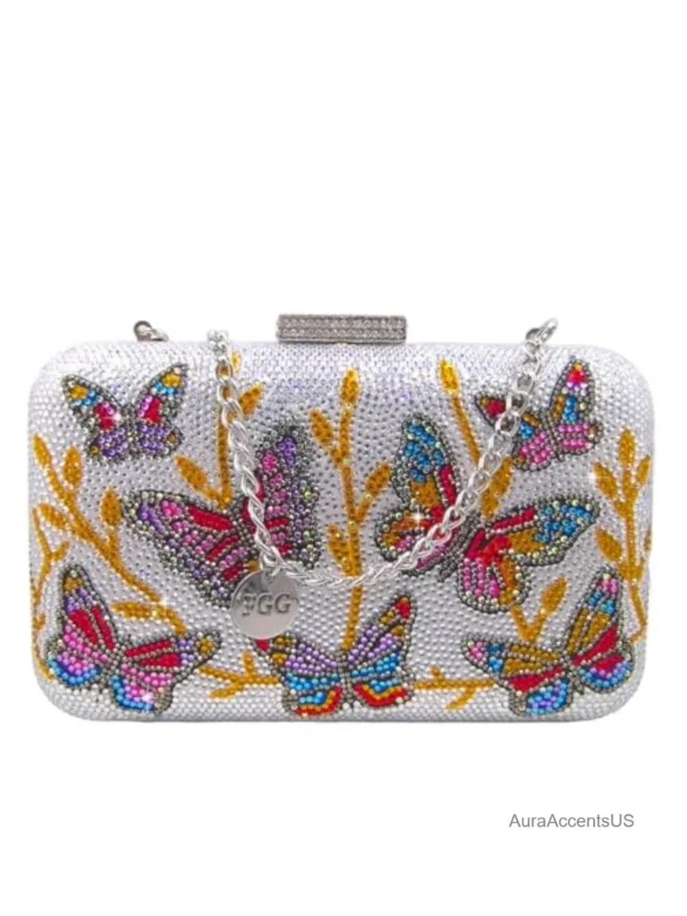 Rhinestone Crystal Butterfly Clutch Purse with Chain Strap for Formal Events